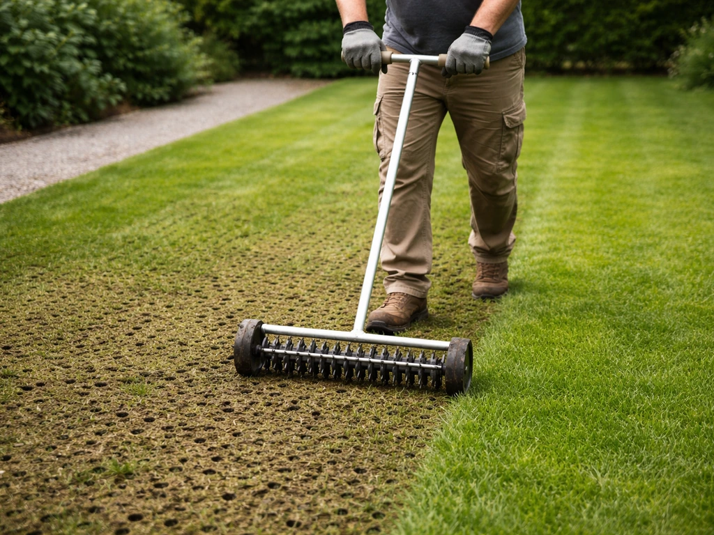 Tuinier belucht of verticuteert gazon; opengeprikte grond en frisse zode naast het pad