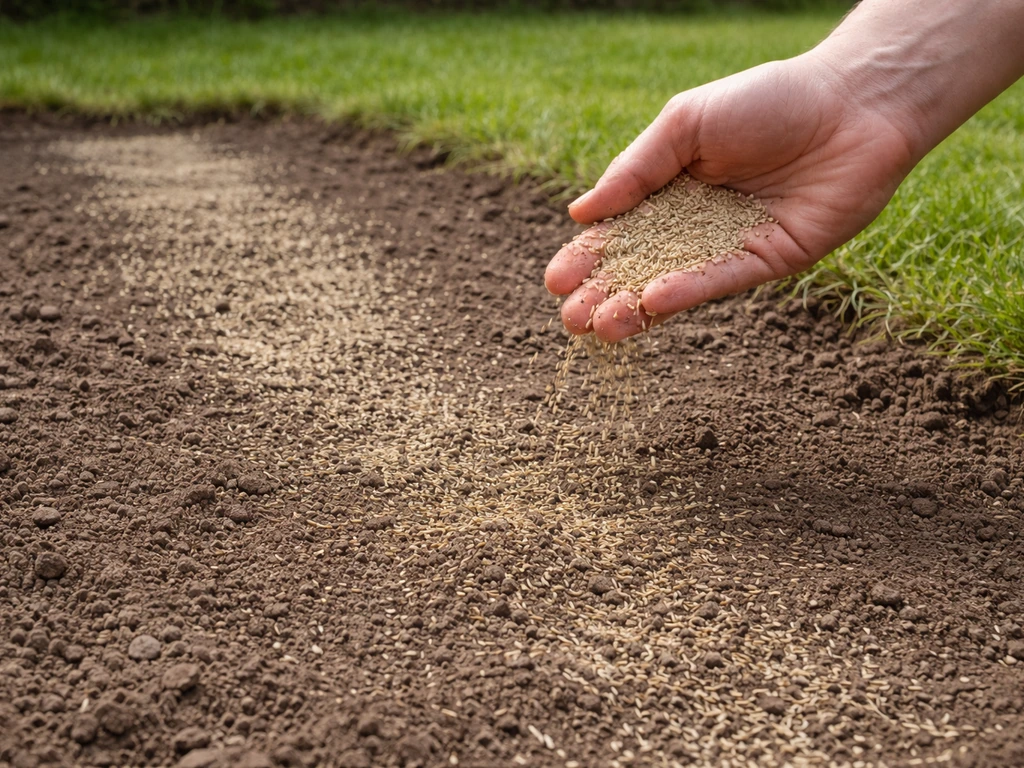 Hand die graszaad uitstrooit over een aangeharkte kale plek in de tuin, net na het bijzaaien.