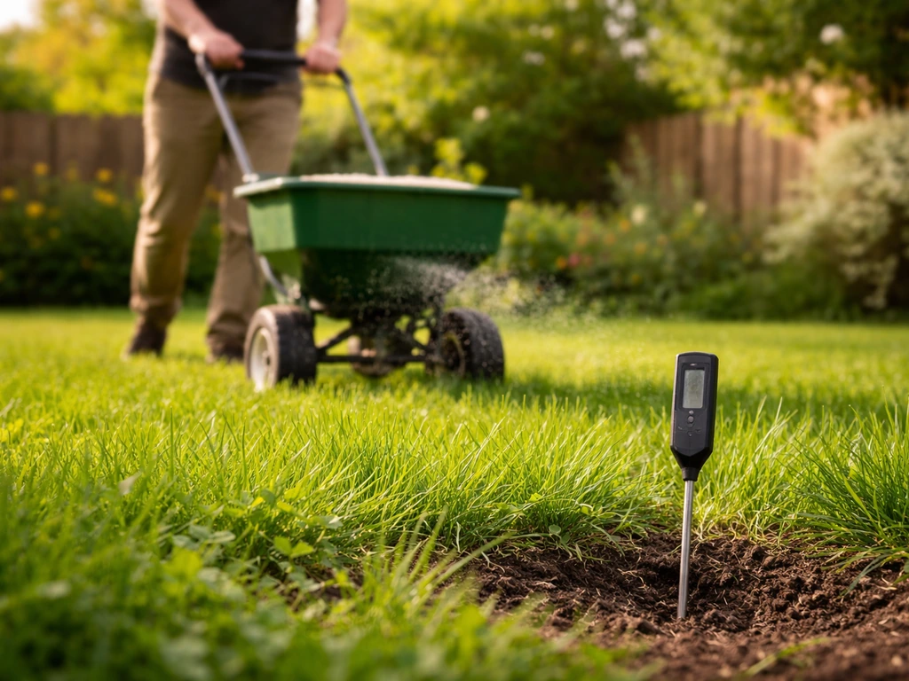 Handen strooien grasbemesting; een bodemthermometer in de grond naast het gras, minimalistische tuin.