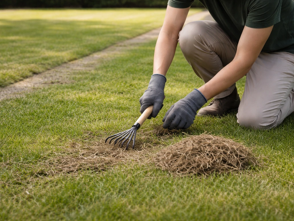 Iemand maait het gras en verzamelt los vilt op een gazon vlak voor het bemesten