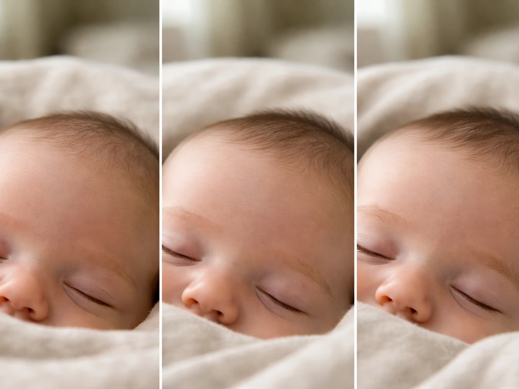 Sleeping baby’s eyebrows shown in three blurred time-staged close-ups from newborn to 6 months.