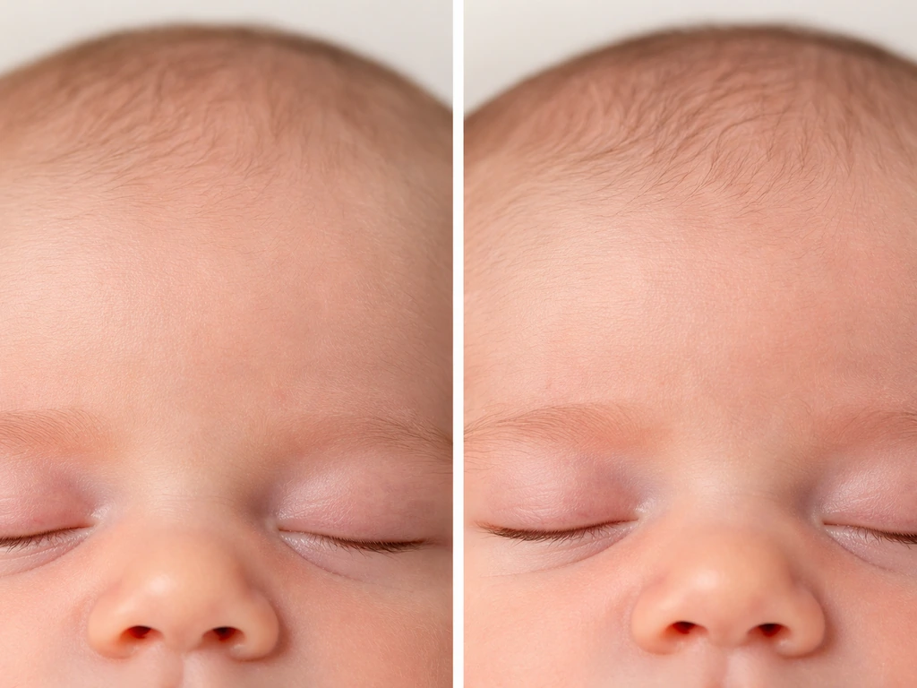Side-by-side close-up of two newborns’ eyebrows: light gradual sparseness vs sharply defined patchiness.