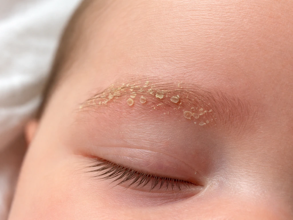 Close-up of an infant’s eyebrow area with mild flaky cradle cap scales on the skin