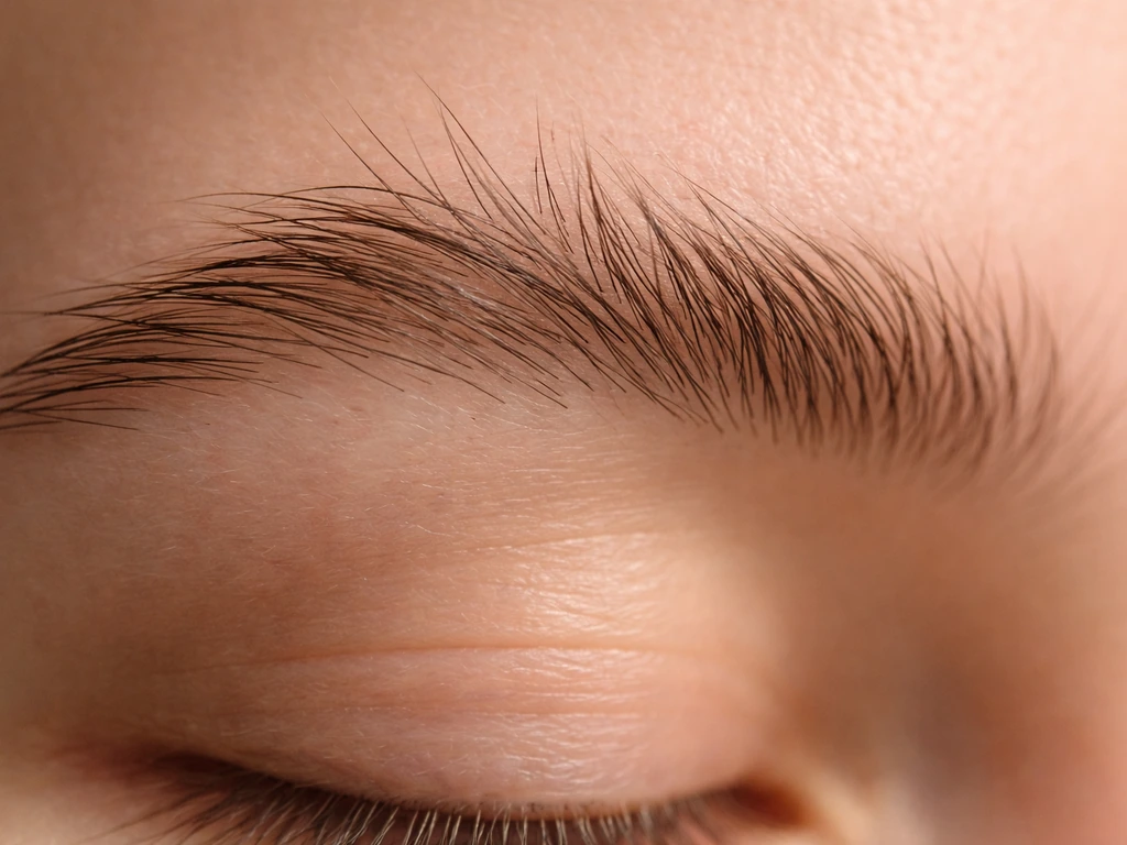 Close-up of eyebrow hairs with some strands lifting upward and others lying flatter in natural light.