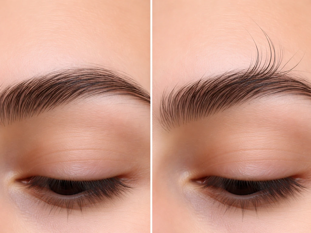 Macro eyebrow close-up split view showing mostly flat hairs vs a few hairs springing upward.