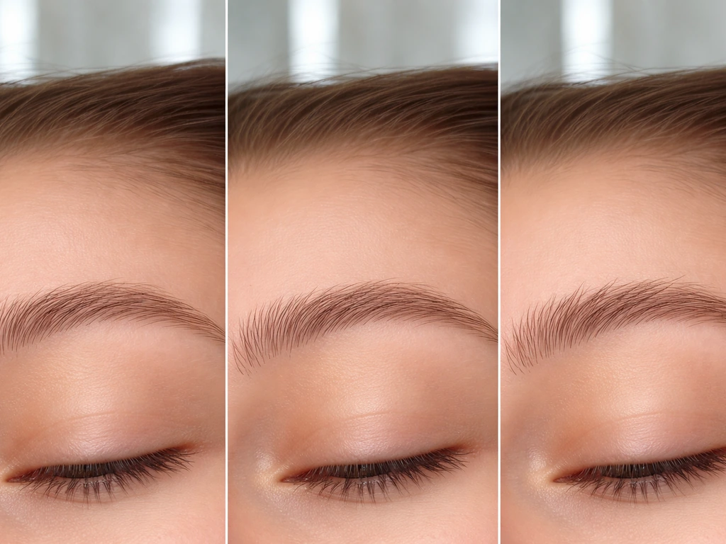 Three-frame close-up of eyebrow hair regrowth direction after shaving, waxing, and tweezing