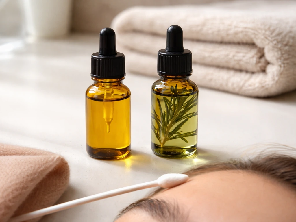 Close-up of castor oil and rosemary oil bottles with a cotton swab applying oil to eyebrow area