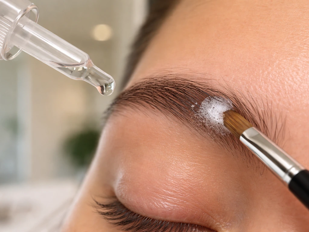 Close-up of eyebrow area with minoxidil-style solution applied using an eyedropper and fine brush.