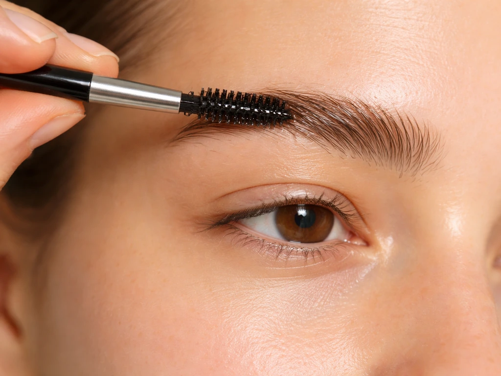 Close-up of coconut oil being brushed through clean eyebrow hairs with a spoolie after cleansing.