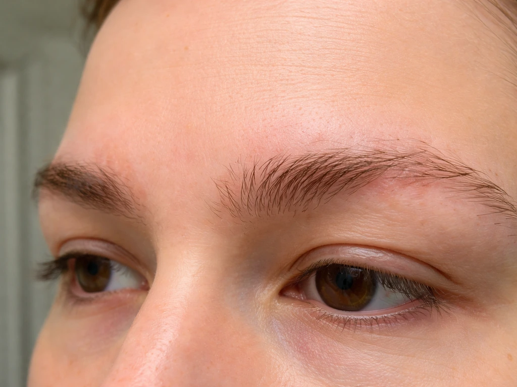 Close-up of brows showing patchy thinning and mild redness along the brow edge from overplucking irritation.