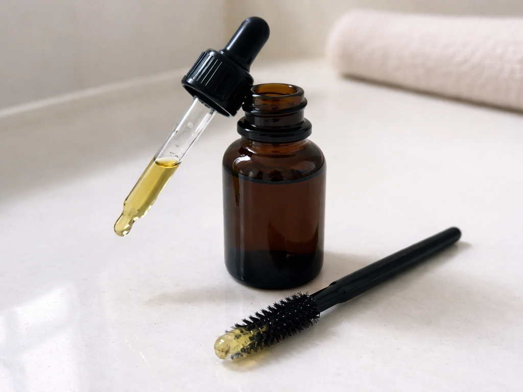 Small castor oil bottle with a few drops on a brow spoolie brush on a clean bathroom counter