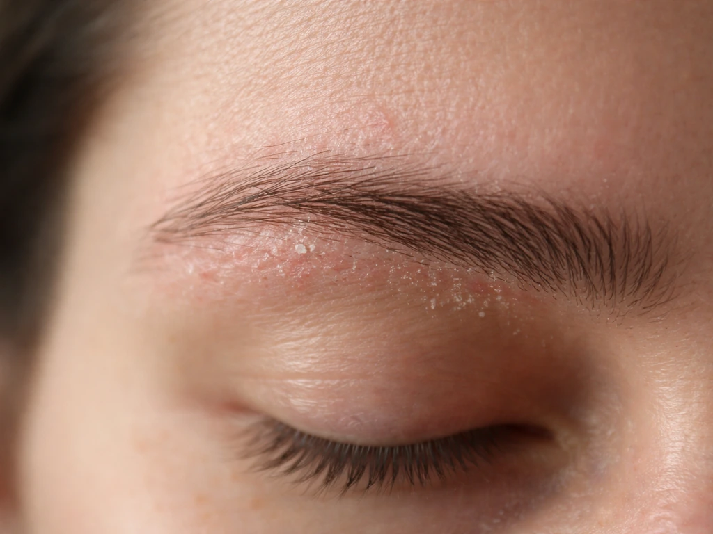 Close-up of eyebrows showing mild redness and visible flaking on skin near the brow.