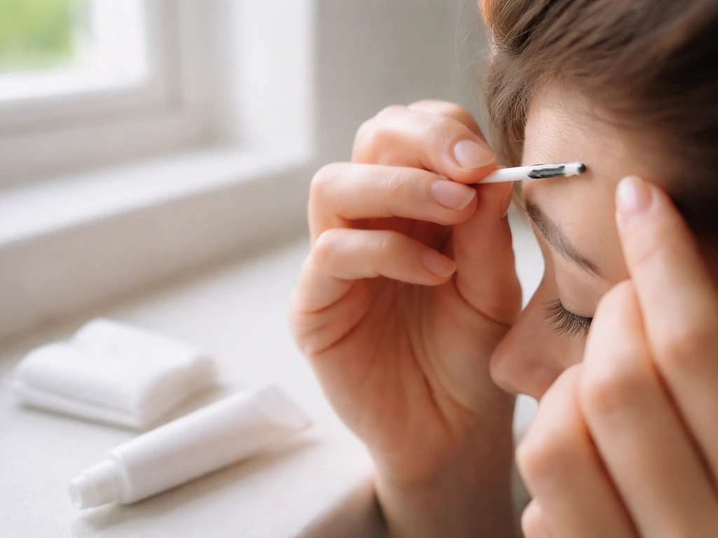 Close-up of clean brow grooming and small cream application on a bathroom counter in calm natural light