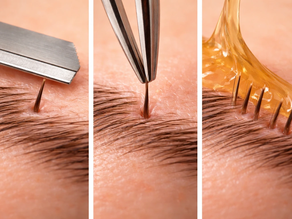 Close-up of eyebrow hair near skin with three small grooming tools showing shaving, plucking, and waxing effects