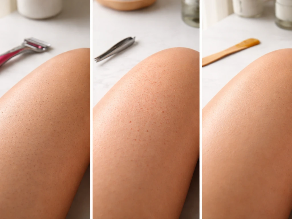 Three small skincare setups showing shaving, plucking, and waxing results with regrowth-like stubble