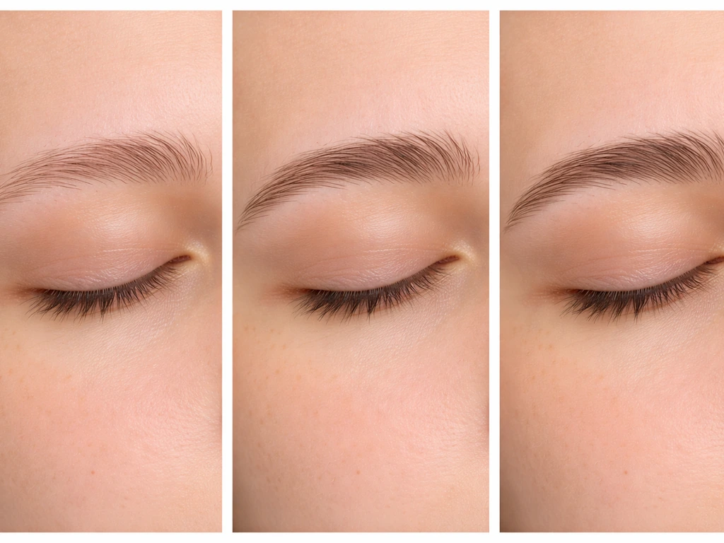 Three minimal close-up stages of eyebrow regrowth after shaving: stubble, fuller brows, then fuller coverage.