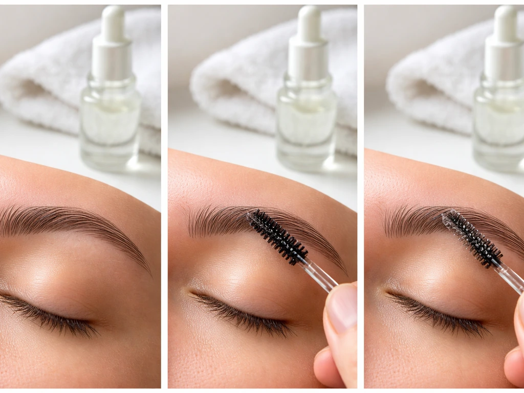 Hand applying clear brow oil with a clean spoolie on a fresh, prepped eyebrow.