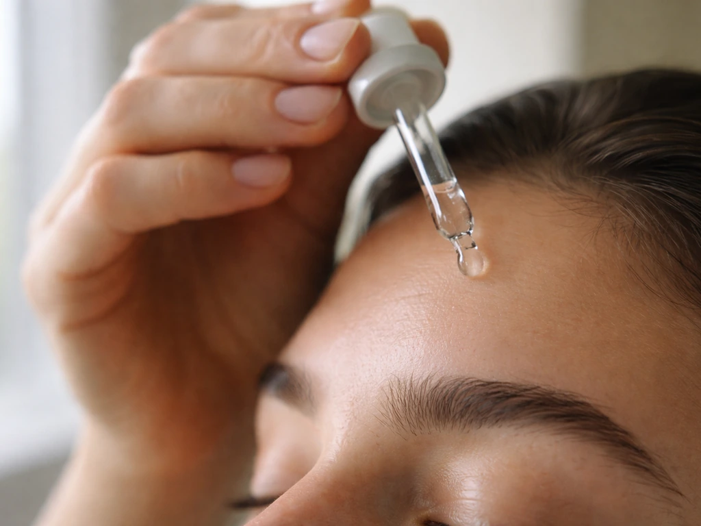 Close-up of a dropper applying clear topical liquid to the brow in a bathroom sink setting