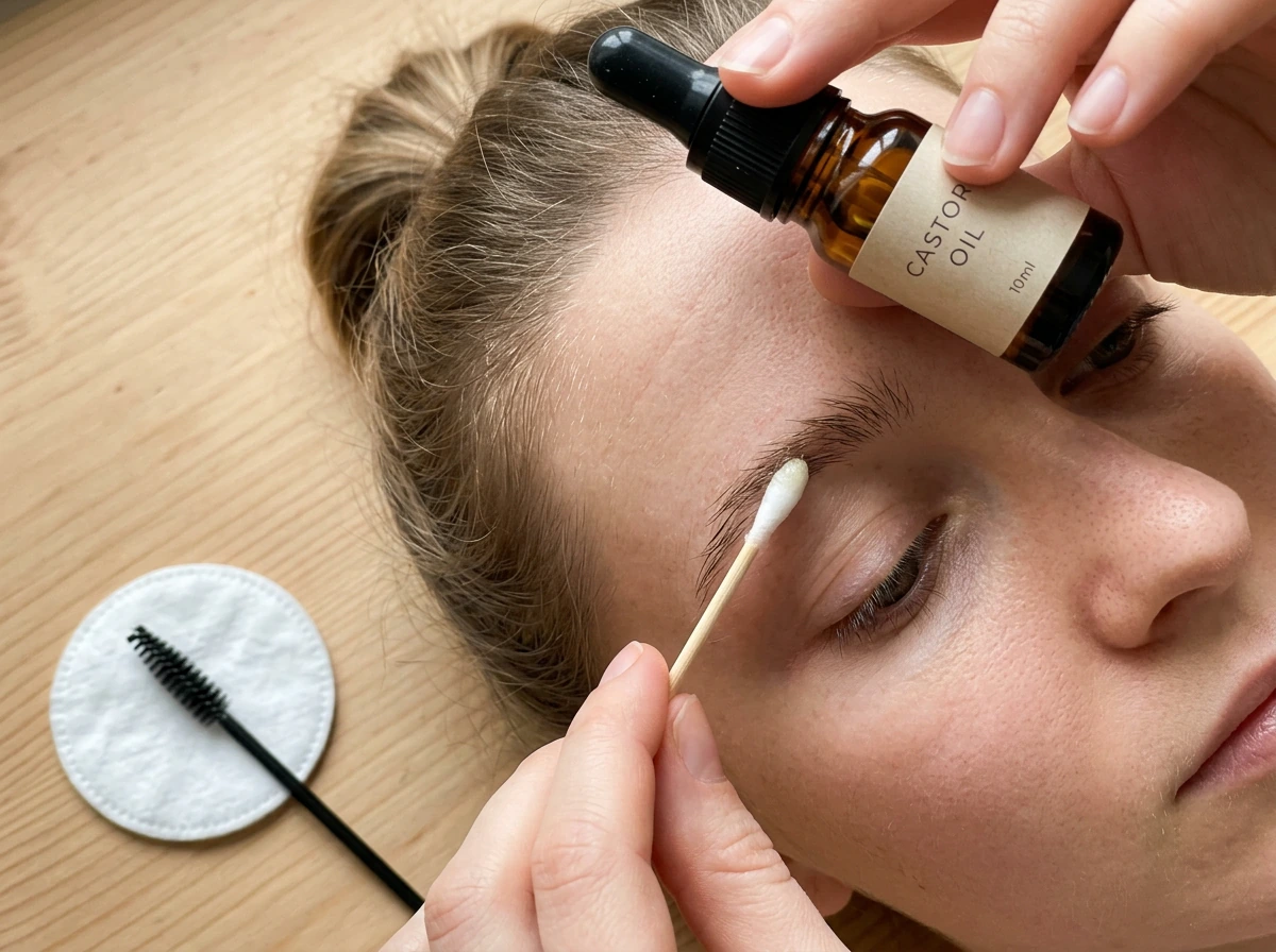 Applying castor oil to a sparse eyebrow with a cotton swab and dropper.