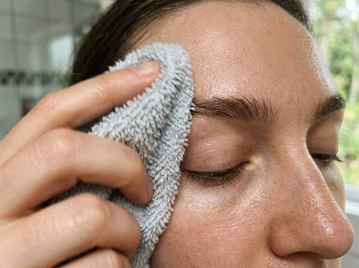 Gentle exfoliation over eyebrow skin using a soft damp washcloth.
