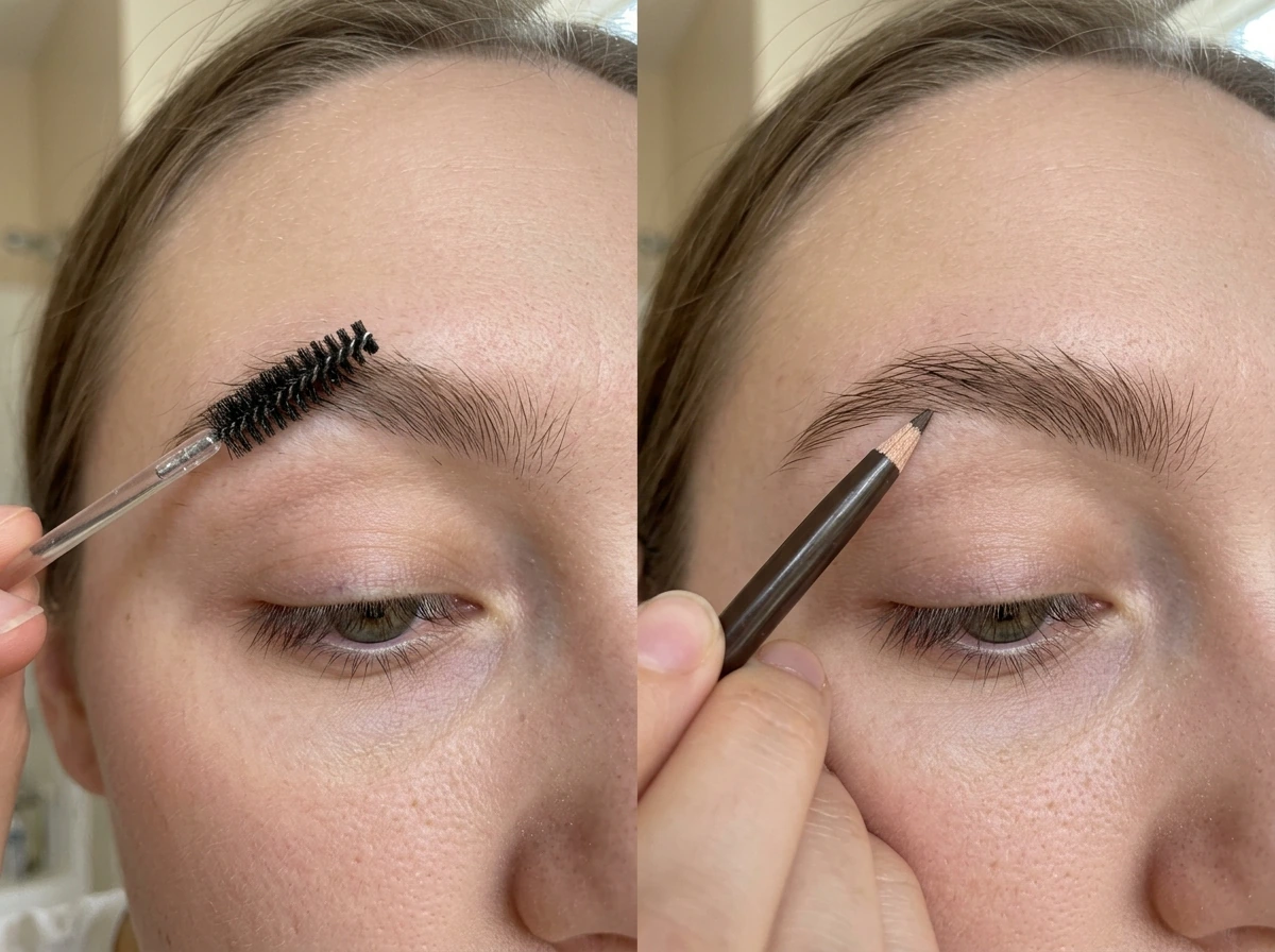 Spoolie brushing up and hair-like pencil filling to make brows look fuller.