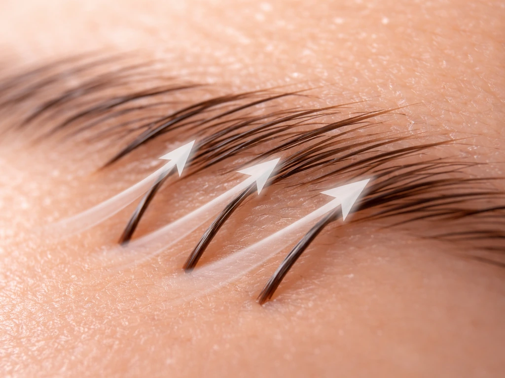 Macro view of angled eyebrow follicles with soft direction overlays showing hair emerging at different tilts.
