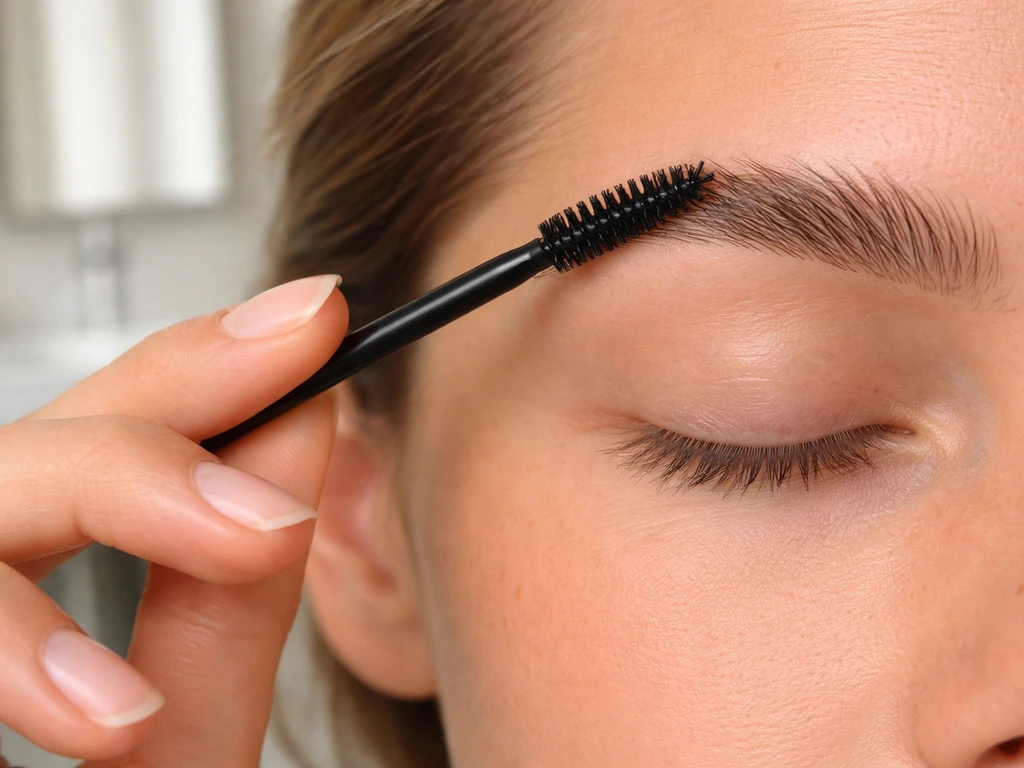 Close-up of a spoolie brush grooming upward on a clean, dry face in the morning bathroom light
