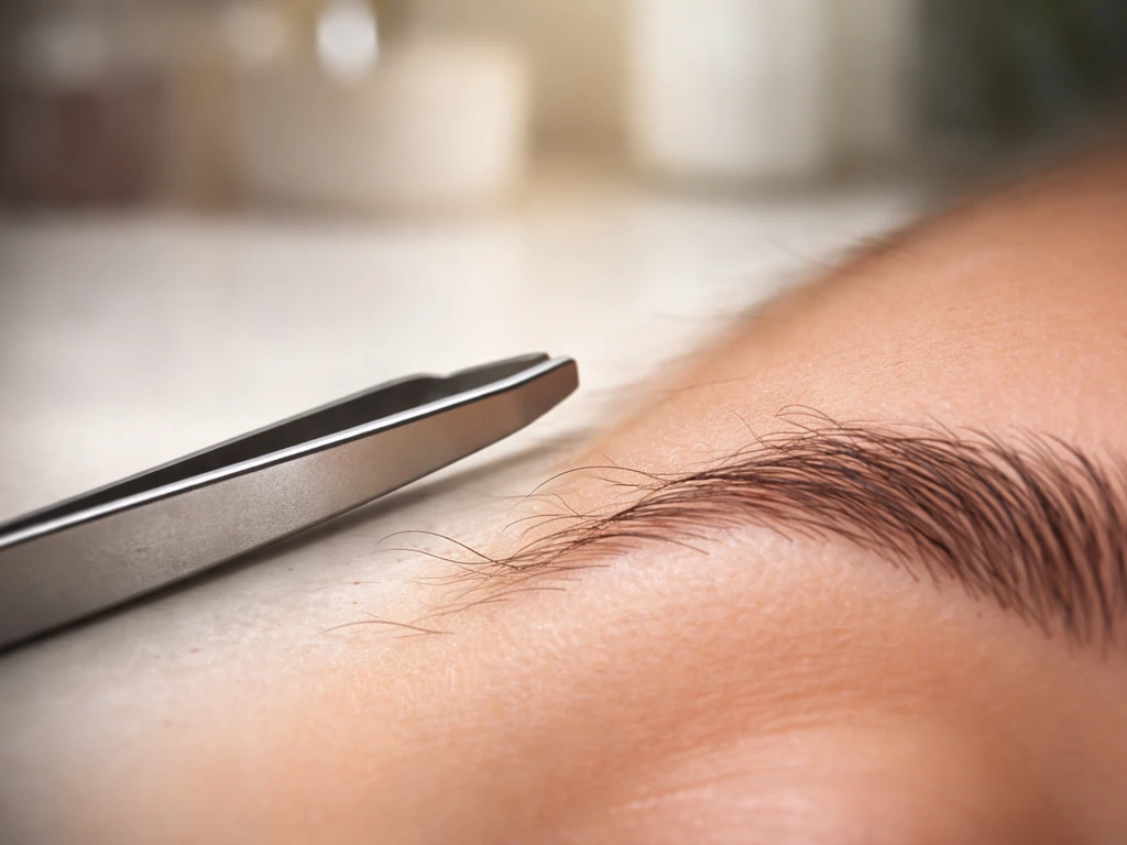 Stainless tweezers beside an eyebrow, framed to discourage over-tweezing and plucking.