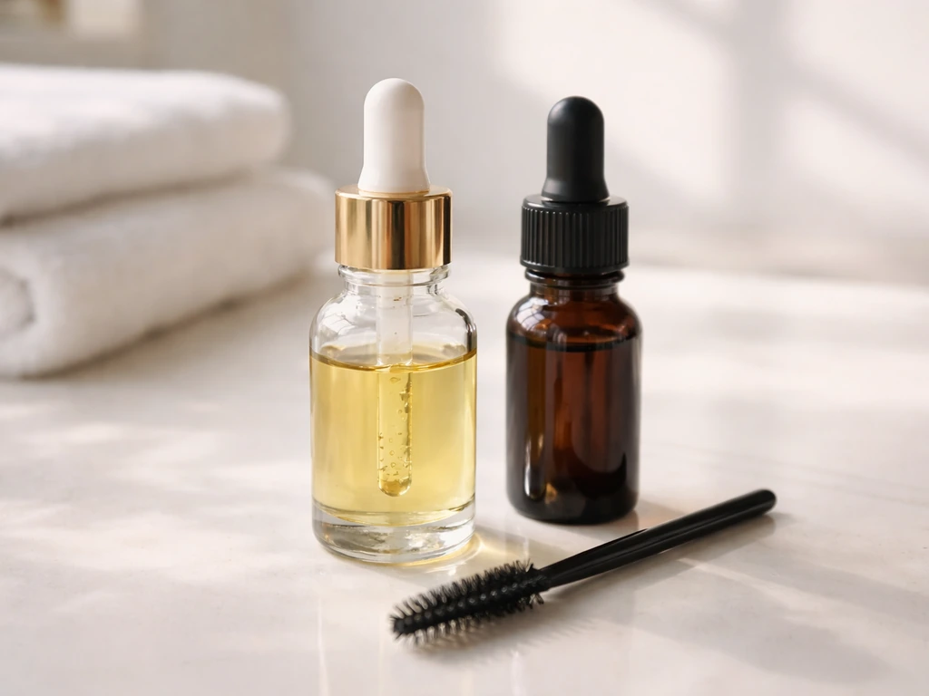 Close-up of brow-support oils/serum bottles with a castor oil dropper and spoolie on a bathroom counter.