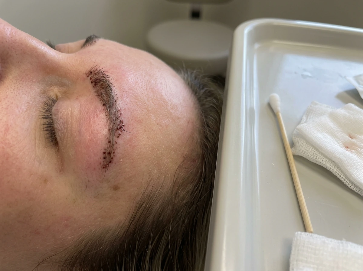 Eyebrow transplant right after procedure showing scabbing and early swelling