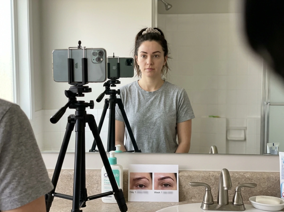 Smartphone on tripod used to track eyebrow transplant progress photos