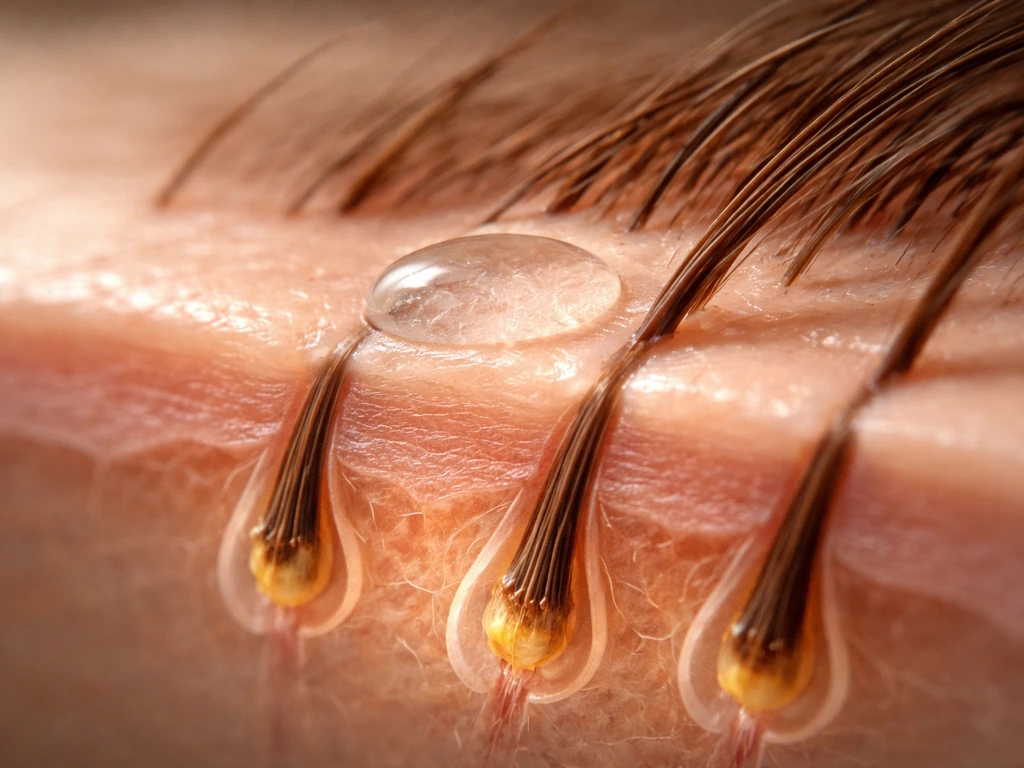Close-up of brow follicles with subtle hair-cycling effect near a gel-like drop, non-branded.