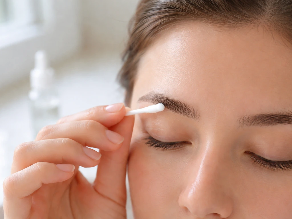 Close-up of a person applying eyebrow serum with a clean cotton swab in a bright bathroom setting