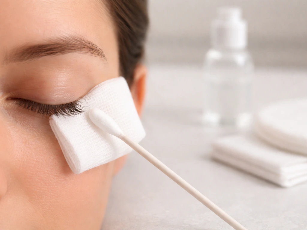 Close-up of a cotton-tipped applicator near closed eye with a clean barrier cloth for safe eye-area application