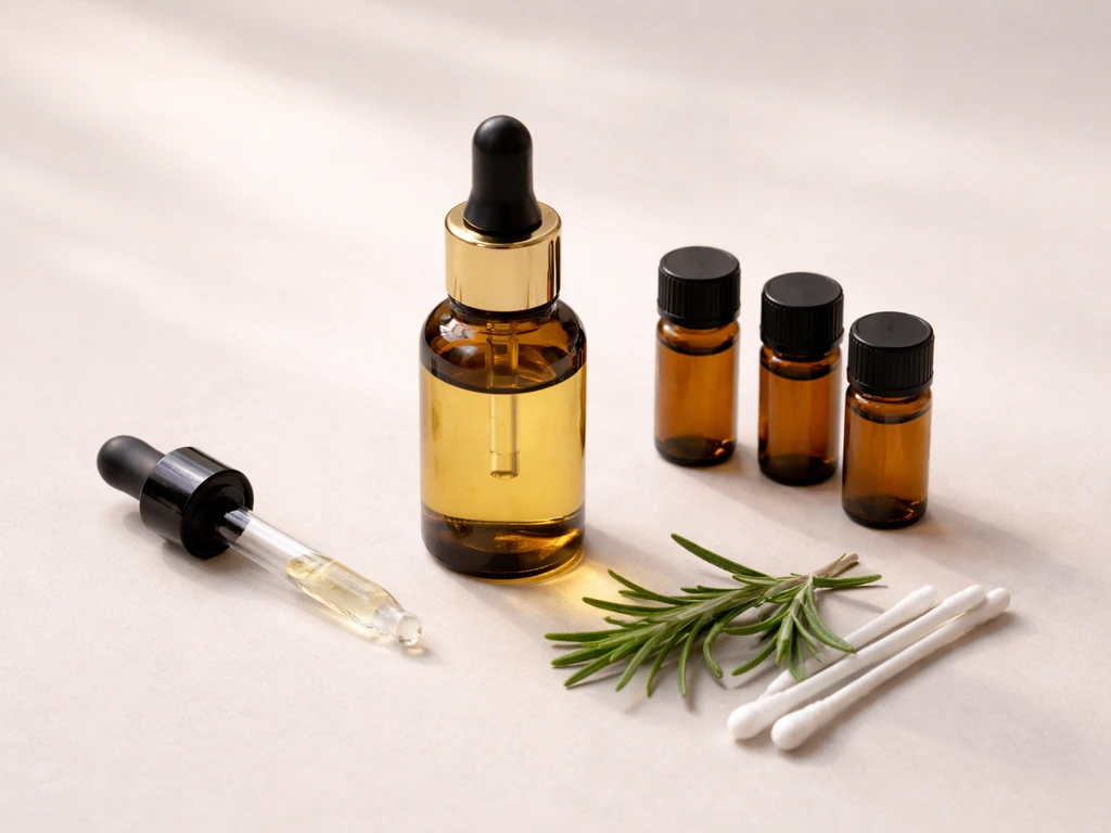 Minimal flat-lay of eyebrow-care alternatives: dropper oil, small vial, and herb sprigs.