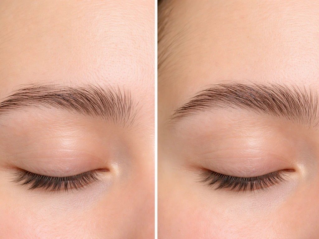 Split before/after close-up of eyebrows: day-1 sparse vs day-3 fuller, realistic grooming look.