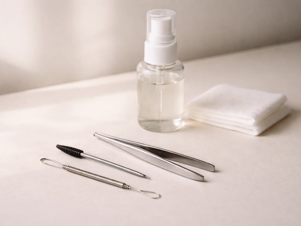 Tweezers and brow grooming tools set aside beside a fragrance-free brow cleanser and cotton pad.