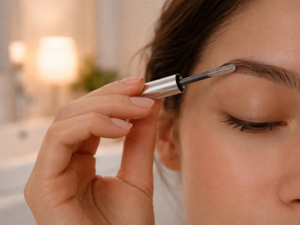 Mirror closeup of a hand applying protective brow gel at night, with a blurred bathroom background.