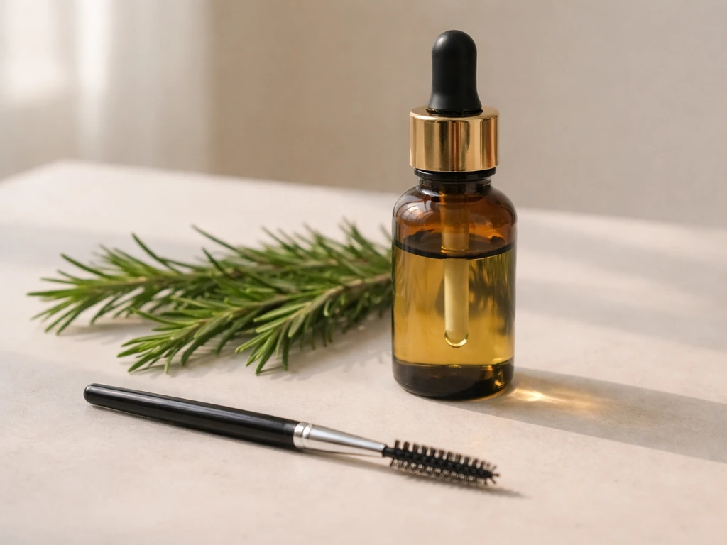 Small rosemary oil bottle with dropper and sprigs beside a spoolie ready for brow application