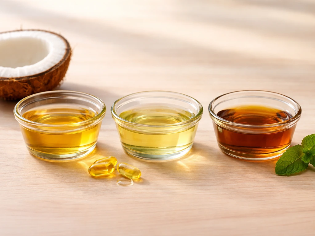 Side-by-side bowls of coconut oil and vitamin E oil next to a small cup of dark peppermint oil in a minimal setup.