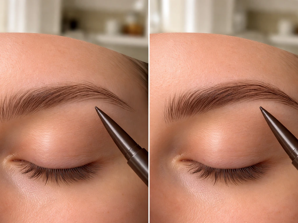 Close-up of brows being filled with light pencil strokes, showing fuller vs unfilled side.