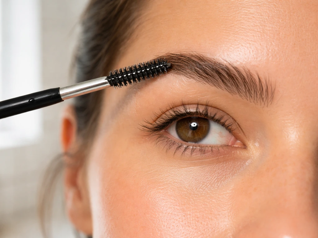 Close-up of natural eyebrows with a small brush applying castor oil near the eyelashes