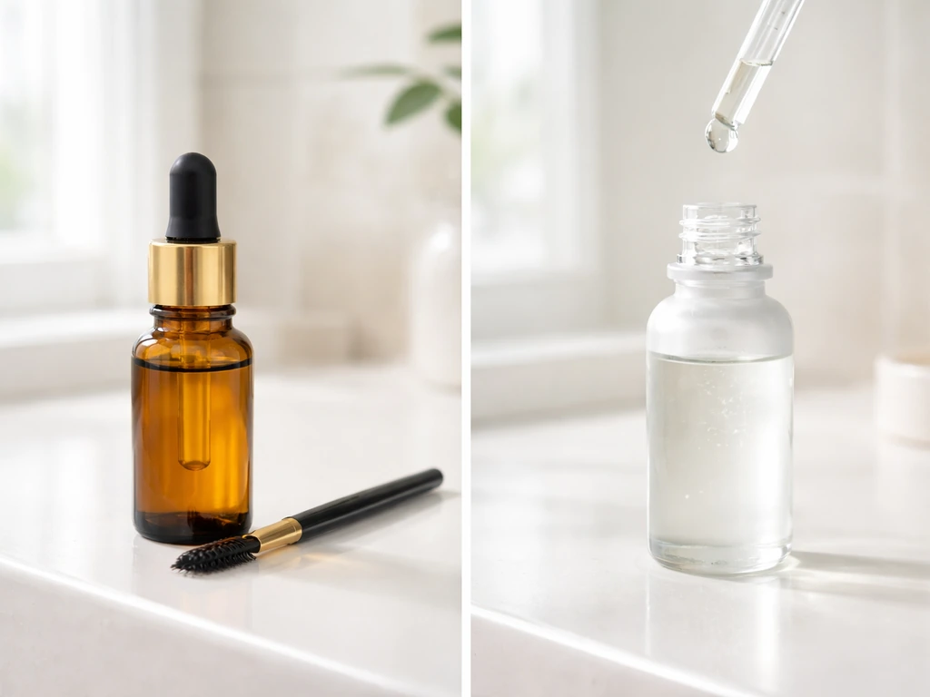 Castor oil bottle and eyelash brush beside a generic clear dropper bottle symbolizing FDA-approved growth ingredient.