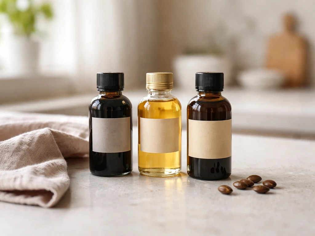 Three small dark bottles of black castor oil on a kitchen counter, labels facing camera