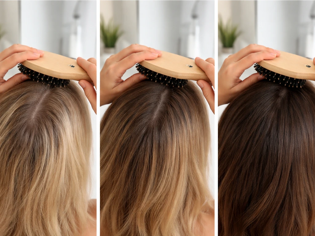 Three minimalist staged panels showing gradual hair density and darkness over weeks, with hands and brush only.