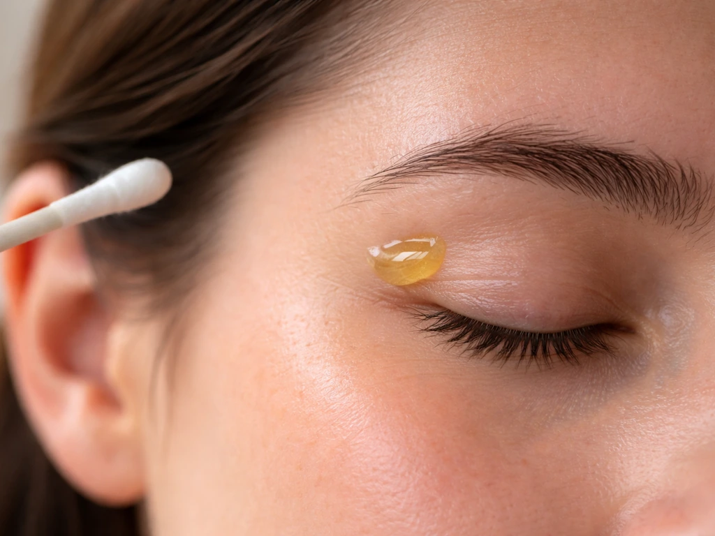 Close-up of eyebrow area with a small castor oil patch test spot and a hand keeping oil away from eyes.