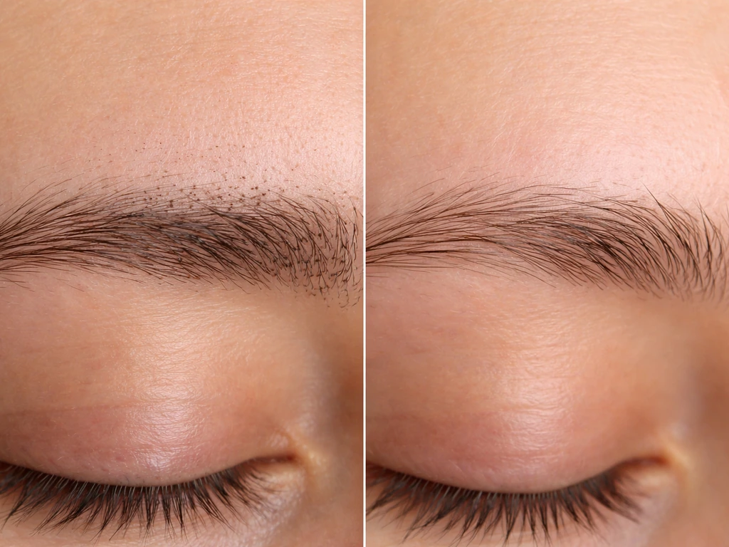 Close-up of brows split into shaved stubble vs freshly waxed/plucked regrowth showing finer emerging hairs.