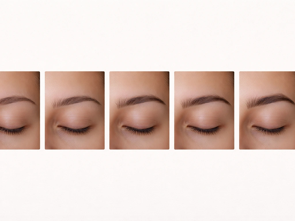 Four small photo-like tiles showing timeline from shaved brows to fuller regrowth over days to weeks.