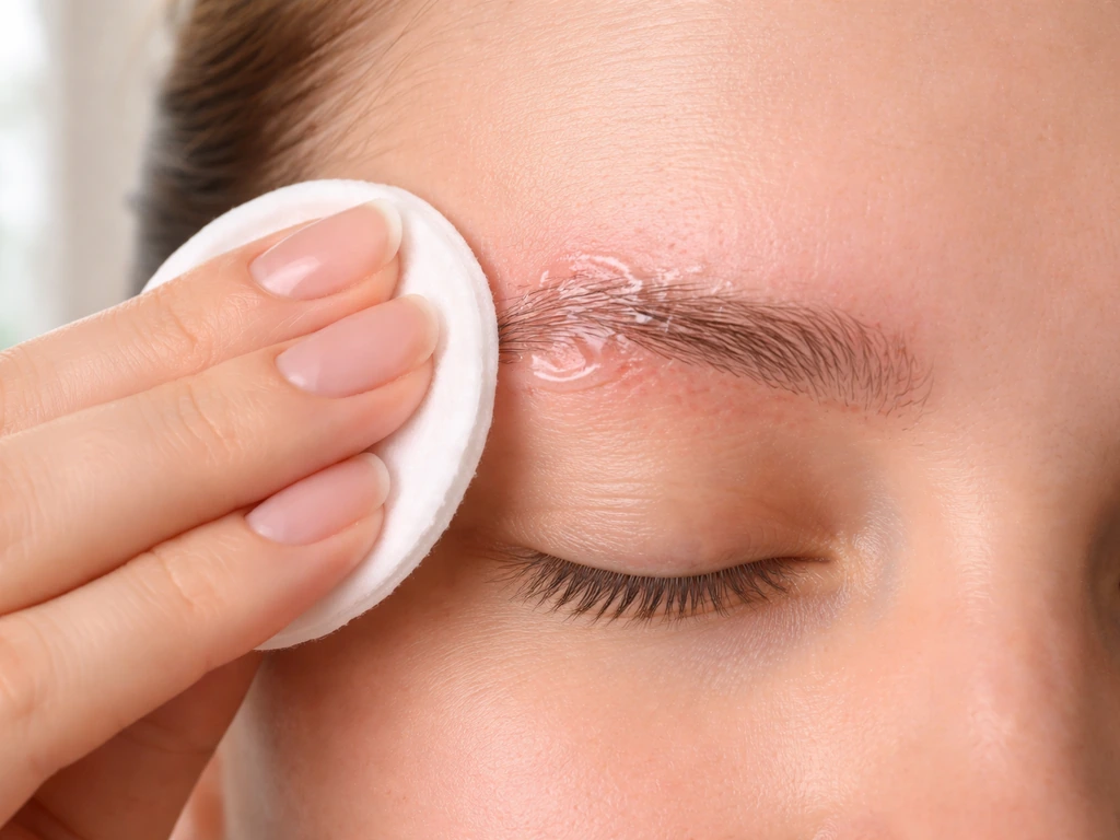 Close-up of irritated brow skin with a soft cotton pad applying soothing aftercare