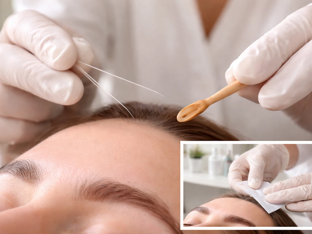 Close-up of a gloved technician using a waxing and threading tool tips near a client’s brow area